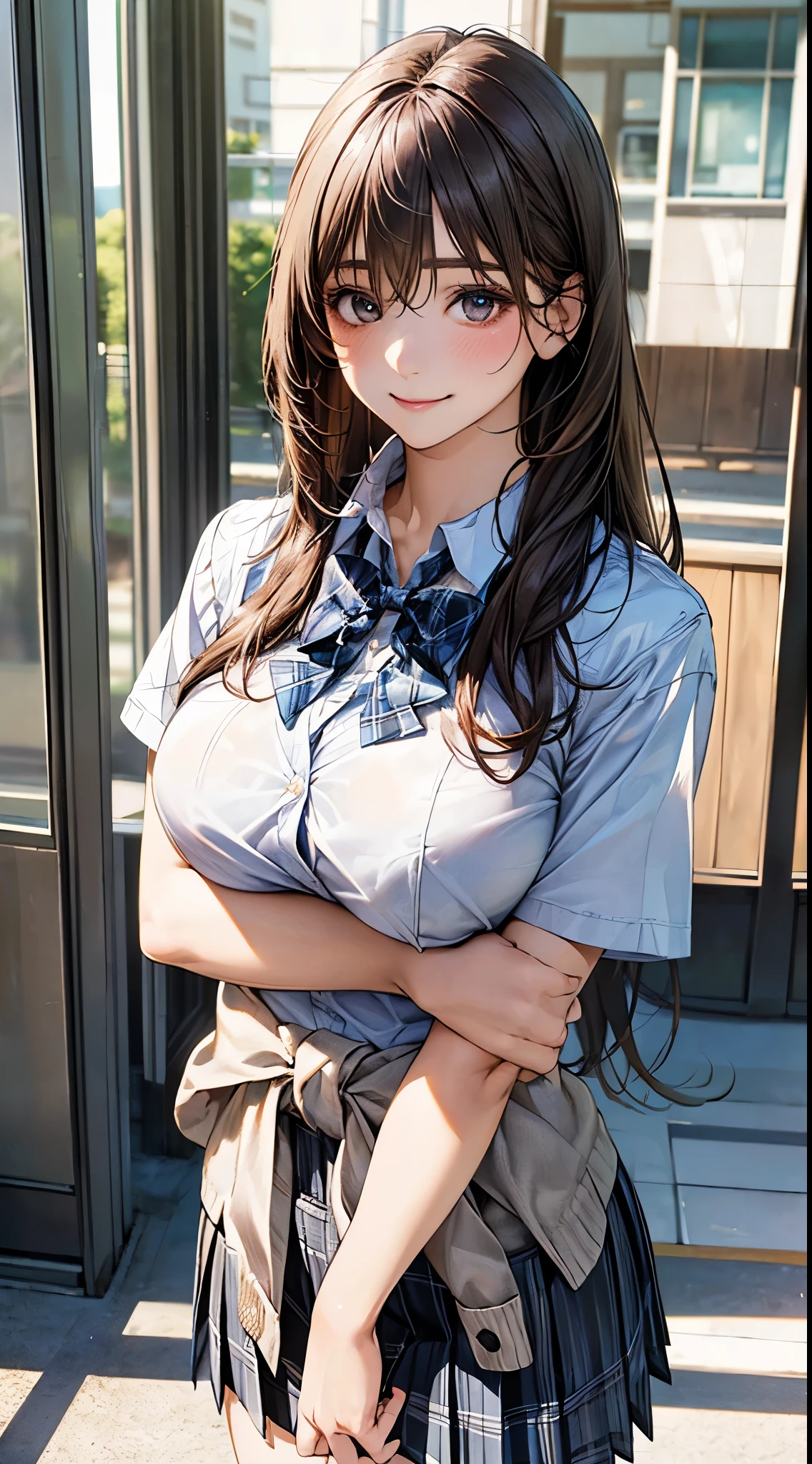 (masterpiece:1.2, top-quality), (realistic, photorealistic:1.4), beautiful illustration,
looking at viewer, full body, front view:0.6,
1 girl, japanese, high school girl, (long hair:1.5), blown hair, bangs, hair between eye,( large breasts:1.5),
beautiful hair, beautiful face, beautiful detailed eyes, beautiful clavicle, beautiful body, beautiful chest, beautiful thigh, beautiful legs, beautiful fingers,
(beautiful scenery), school,
((collared shirt, white shirt, school uniform, short sleeves, brown cardigan on waist, kot on waist, grey plaid pleated skirt, blue plaid bow tie)), white panties,
standing, walking,
smile, ,
