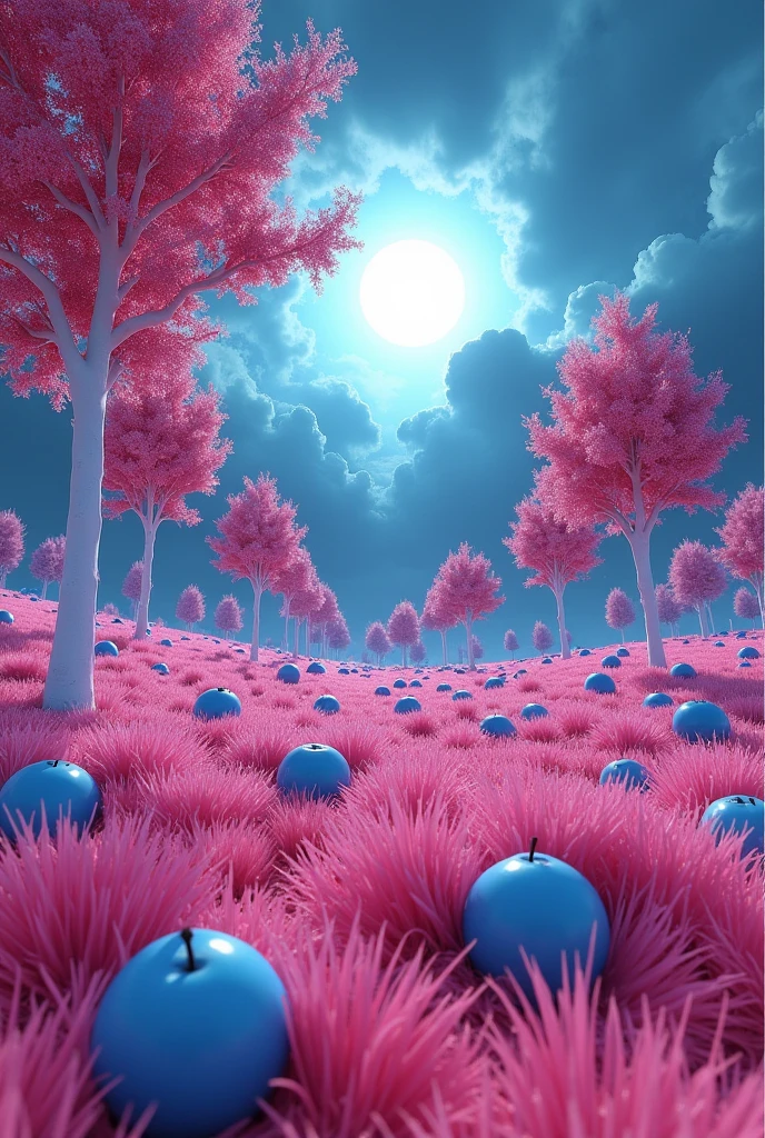 Cyan apples, dark blue, y magenta rodando por el pasto magenta en un fondo dark blue, and a cyan sun hiding in black clouds, white trees with magenta leaves
