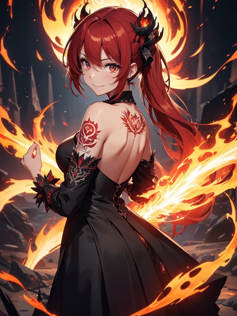 (((best quality, sharp image, clear image, cinematic lighting, 8k resolution, masterpiece, ultra detailed, intricate))) Girl, (((looking over left shoulder))), (shot from behind), ((shot from hip up)), fiery red hair, pigtails, ((intricate black dress)), ((flaming sigils, flaming runes)), spiky rock formations, (flaming lotus flowers frame), (intricate background), (chaotic background), ((Phoenix)), (swirling flames), smiling,tatoo on back