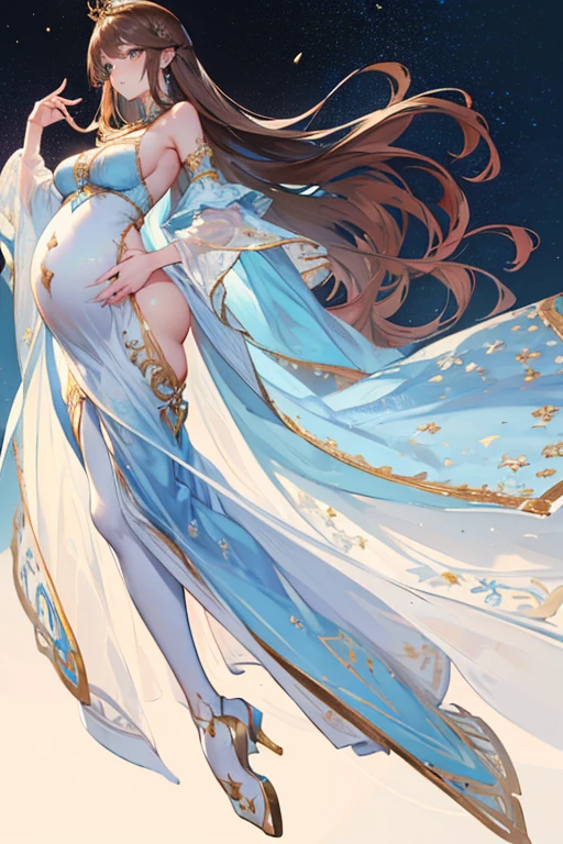 8k, masterpiece, very realistic, Full body (Sexy pregnant queen 1.2), very slim waist, slim thighs, elaborate detailed light blue detailed embroidered ornate formal dress, (long straight flowing brown hair 1.2), elaborate detailed patterned white stockings, medium breasts, pregnant, (curved back 1.2), gold tiara with light blue gems