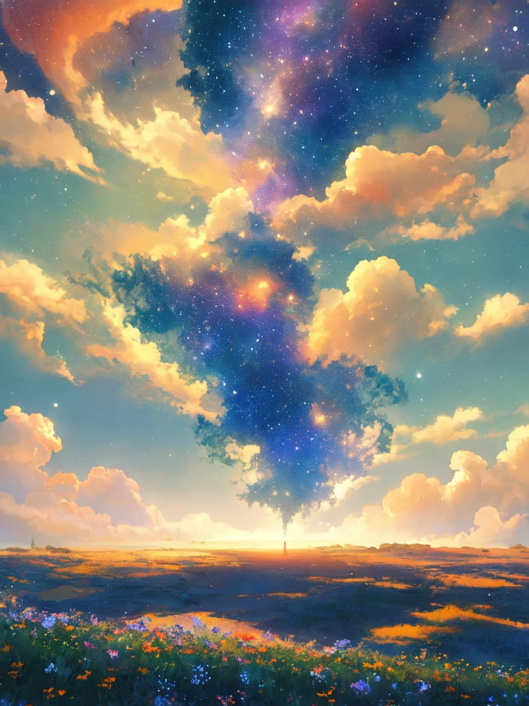 Celestial meadow, fantasy landscape, ethereal watercolor style, vast open meadow, swirling nebulae, distant galaxies, delicate wildflowers, glowing softly, moonlight, floating islands, hovering horizon, cool blues, purples, golden hues, tranquil ambiance, otherworldly scene, dreamy mood, expansive scenery
