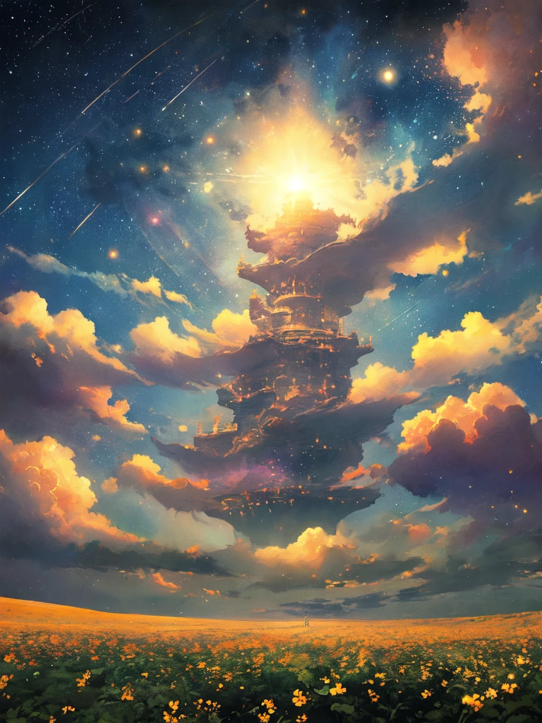 Celestial meadow, fantasy landscape, ethereal watercolor style, vast open meadow, swirling nebulae, distant galaxies, delicate wildflowers, glowing softly, moonlight, floating islands, hovering horizon, cool blues, purples, golden hues, tranquil ambiance, otherworldly scene, dreamy mood, expansive scenery