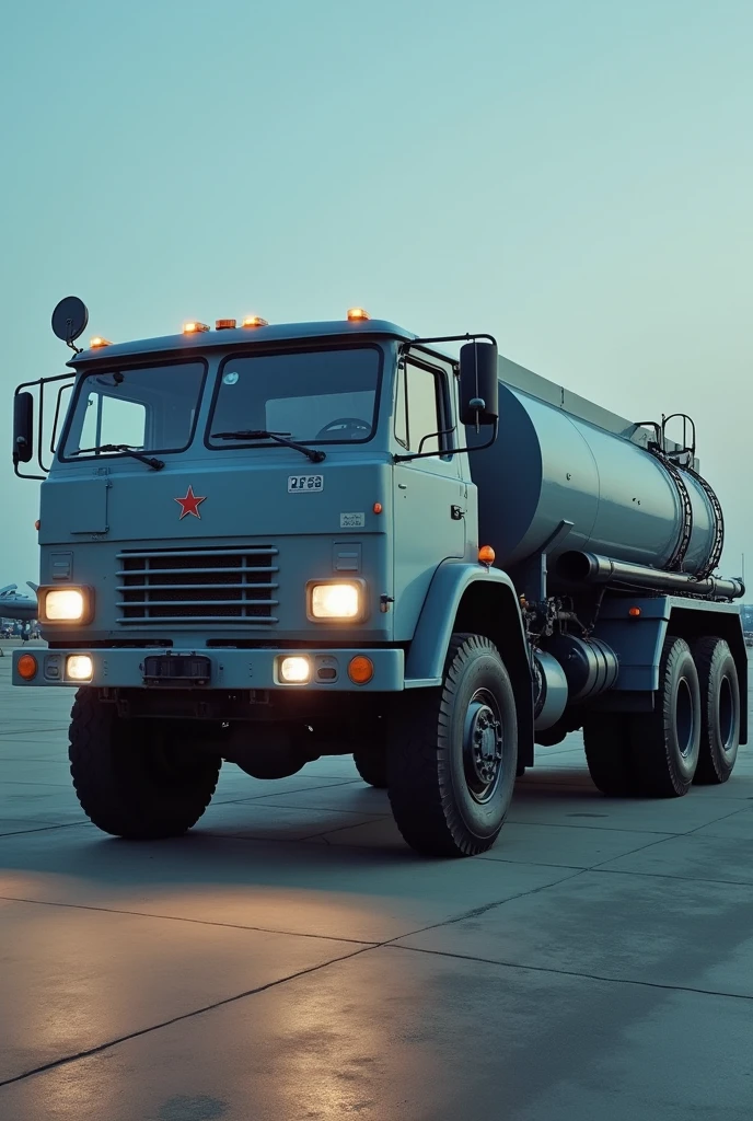 Soviet tanker truck, European style straight front medium size advanced cab straight front, 1980s military blue-gray paint, air force, in the rear a tank and system for aircraft refueling, refueling a 1960s-style jet fighter at an airbase, square headlights with auxiliary headlights and auxiliary lighting. 
