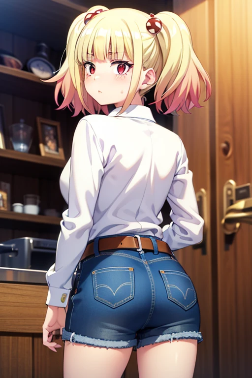 ((masterpiece)),(best quality),official art,extremely detailed CG,unity 8k wallpaper,ultra detailed,beautiful detailed eyes,extremely detailed face,1girl,solo,cowboy shot,looking at viewer,niguredou julia,multicolored hair,gradient hair,pink hair,blonde hair,twintails,food-themed hair ornament,mushroom hair ornament,red eyes,white shirt,long sleeves,jeans shorts,shorts rolled up,belt,from behind