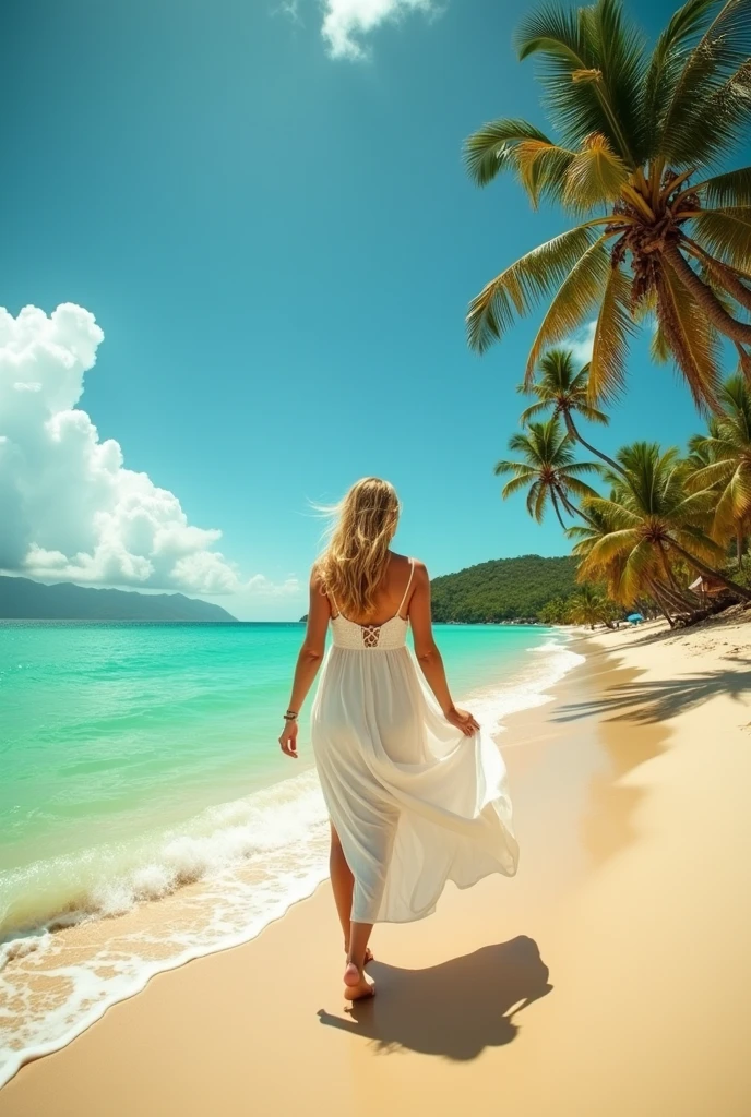 Create a woman on a beach with a green sea