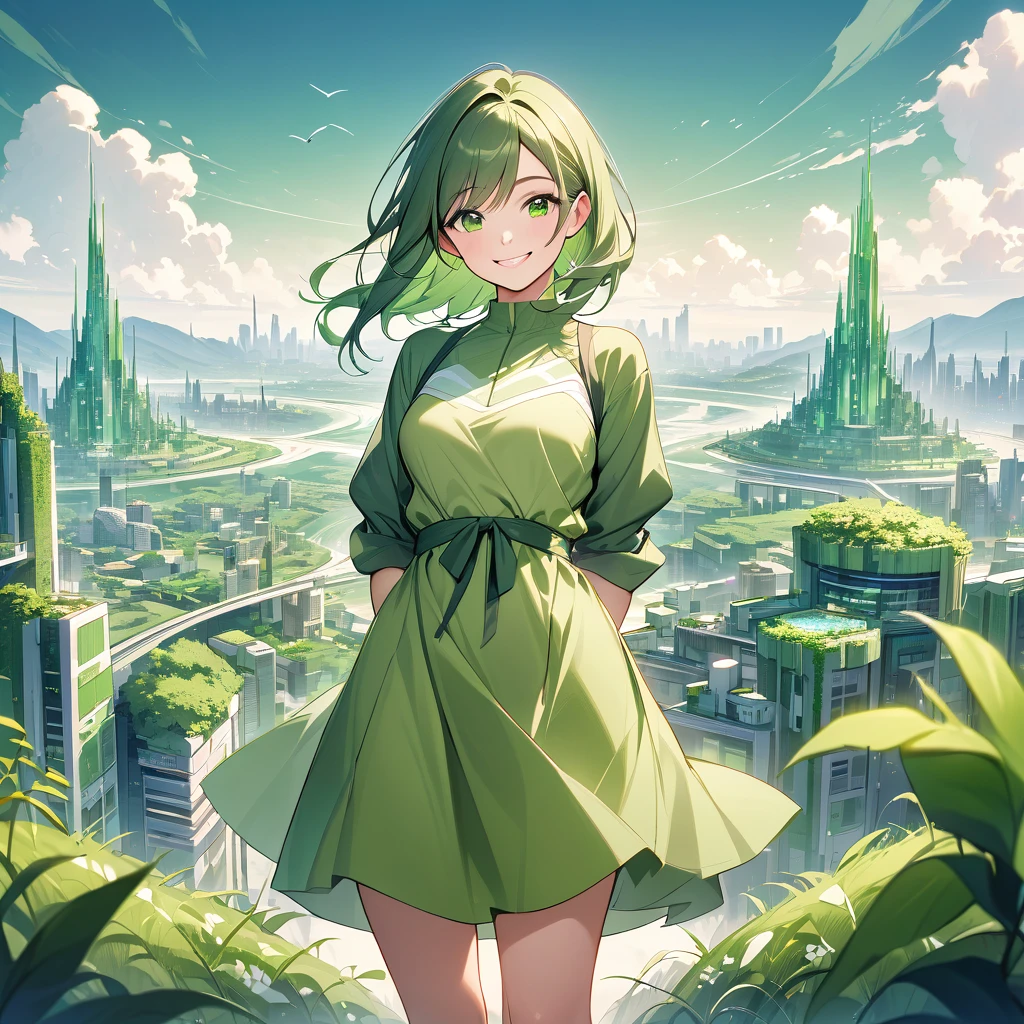 Beautiful young woman smiling with her hands behind her back, wearing an ecological dress in green tones that combine with a large ecological city in the background.