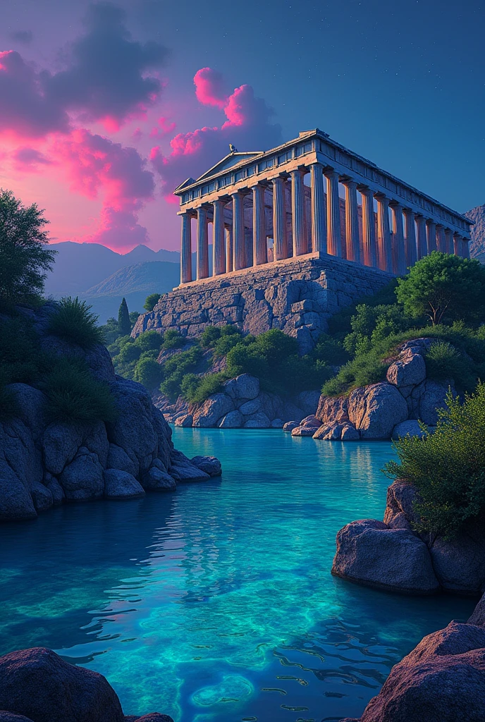 Greek architecture and landscape with intense neon colors