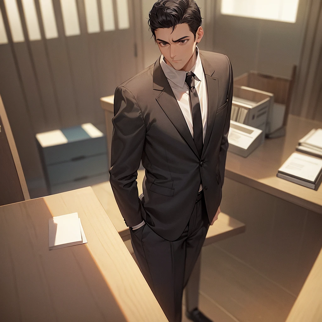 30 years old, suit, a really tall boy, no emotion, short black hair, black eyes, full body, Business office, sitting on a stool,Dark room with no lights on