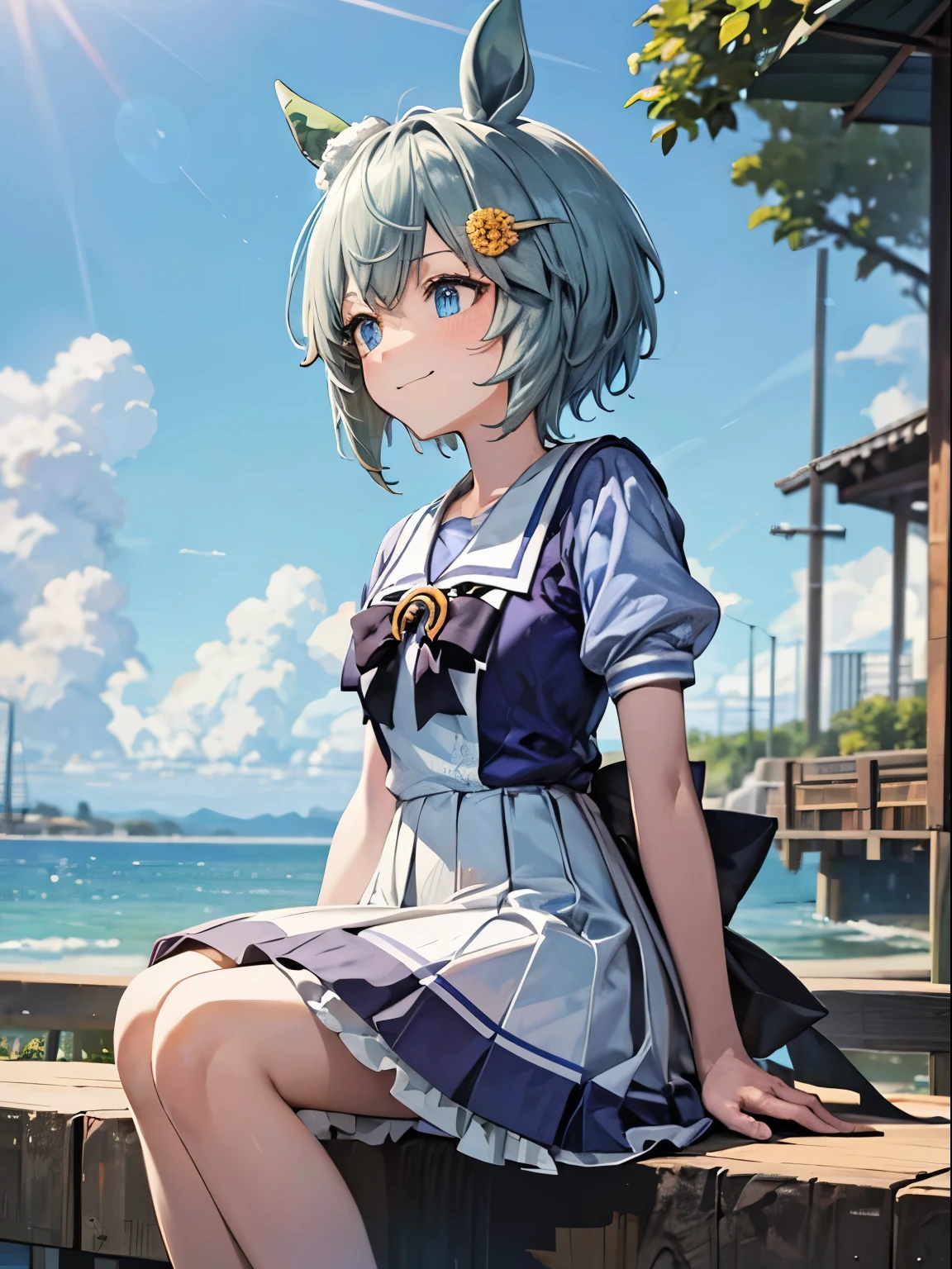 seiunsky, hairclip, hair flower, horse ears, horse tail, 1 girl, Solo, Cute Girl,Best Quality, Ultra-detailed, 8K, High resolution, detailed face, madeon, from below, looking far, smile, summer uniform, sitting on the breakwater, blue sky, summer,