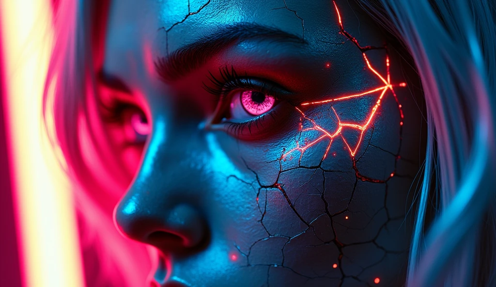 "A close-up of a cyberpunk-inspired face, combining human and mechanical elements. The skin is cracked and metallic, with neon lights glowing through the cracks. One eye is a glowing cybernetic implant, while the other retains a menacing human glare. The hair is made of sleek, metallic fibers that catch the neon light. The style should be vibrant and futuristic, with a strong contrast between the dark metal and the bright neon lights."