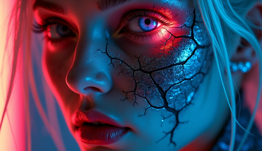 "A close-up of a cyberpunk-inspired face, combining human and mechanical elements. The skin is cracked and metallic, with neon lights glowing through the cracks. One eye is a glowing cybernetic implant, while the other retains a menacing human glare. The hair is made of sleek, metallic fibers that catch the neon light. The style should be vibrant and futuristic, with a strong contrast between the dark metal and the bright neon lights."