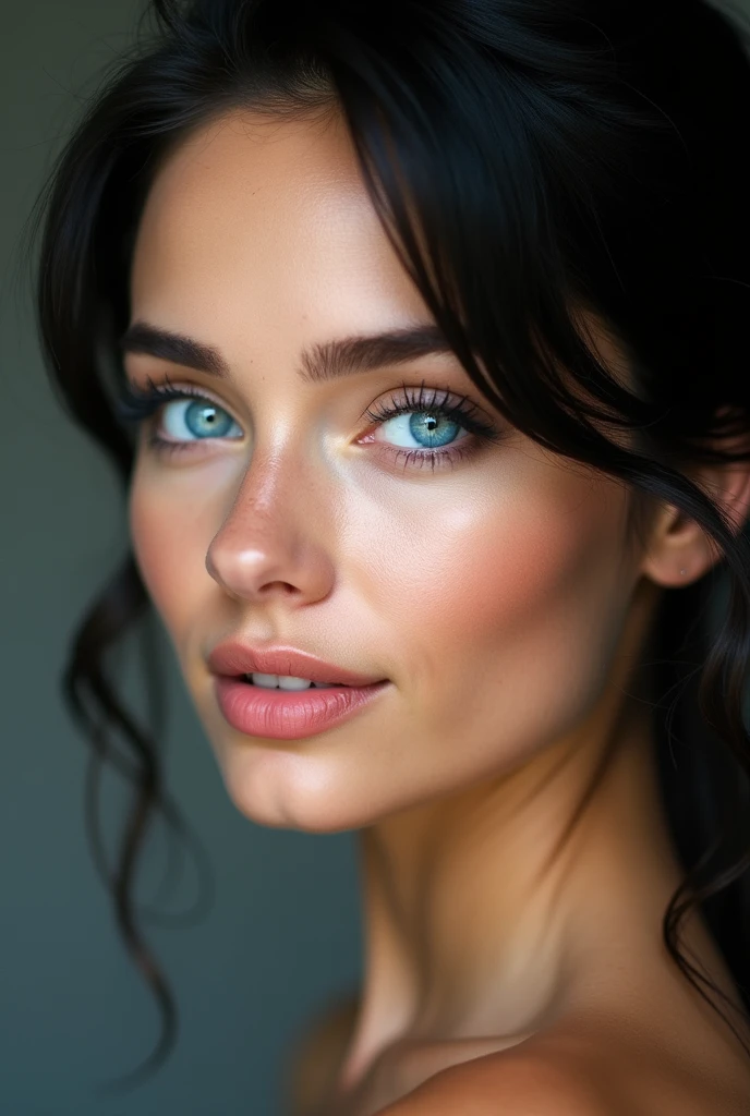 Imagine a woman with a face that exudes a striking and captivating beauty. Her eyes are a vivid, enchanting blue, like emeralds glistening in the sunlight, with a depth that draws you in. They are framed by long, dark lashes that accentuate their brilliance. Her skin is porcelain-like, with a soft, flawless complexion that gives her an ethereal, almost delicate appearance.
Her hair is a rich, black, side-swept look that catch the light and seem to shimmer with every movement. The black tones contrast beautifully with her fair skin and make her blue eyes stand out even more. Her eyebrows are perfectly arched, matching the hue of her hair, and add a sense of balance and symmetry to her face.
Her lips are full and naturally rosy, curving into a gentle, inviting smile that radiates warmth and kindness. Her cheekbones are high and well-defined, adding a sense of structure and elegance to her face. The overall effect is one of stunning, timeless beauty, a face that you would remember and admire long after seeing it.r,