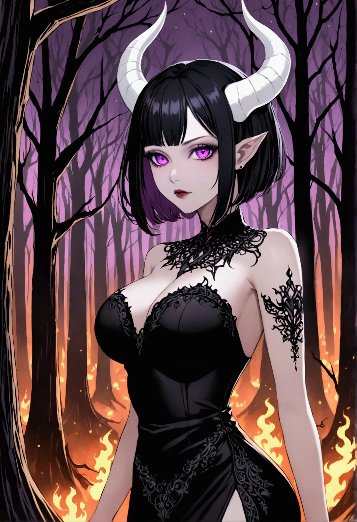 Beautiful demon woman, perfect face, skin as white as snow, black hair in inverted bob, black eyeliner, glowing purple eyes, small white horns.l, large breasts. In a haunted forest, wearing a little black dress.