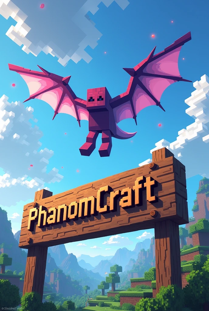 Create a photo of a Minecraft phantom, just like the one in the game, flying over a sign that says "phantomcraft" more like the game