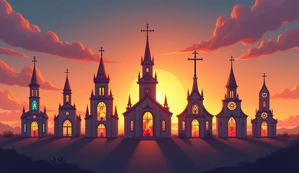 tylized representations of the seven churches, each distinct in architecture and design. The churches stand in a line, with symbols representing their unique qualities and messages, such as a burning candle, a golden crown, and a sharp sword.