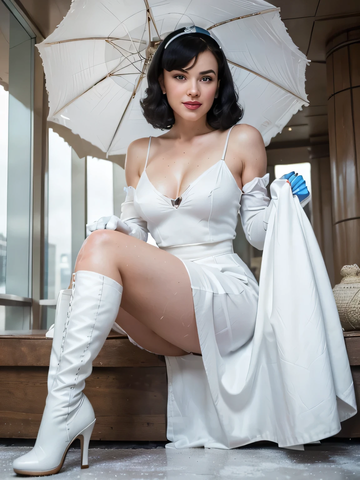 masterpiece photo, ((retro vintage)), photography, ((1940s vibe)), year 1930, 40 years old Bettie page,sweaty and soaked, incredible blue eyes, incredible beauty , detailed face, detailed gloves, (( she have on her sshoulders a white long wool cloth cloack )) vintage white sleeveless dress, white long maxi-skirt(white long maxi-skirt:1.2 )) long opera white gloves, ((white high knee stiletto boots )), long sleeves, wavy hair, hd, color image, short hair, winter, brunette, smile, in front of a luxury hotel room during a incredible snow , standing with a small umbrella