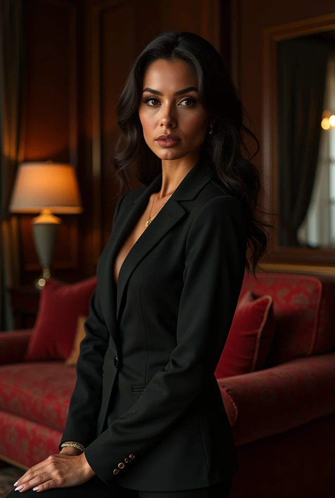 latina woman,30 years old,posing in living room, professional outfit, high-heels , large breast ,rich colors,deep shadows,bright highlights,highres,best quality,8k,ultra-detailed,realistic,photorealistic,photo-realistic:1.37,masterpiece:1.2,extremely detailed eyes and face,longeyelashes,volumetric lighting,cinematic atmosphere,chiaroscuro,lighting