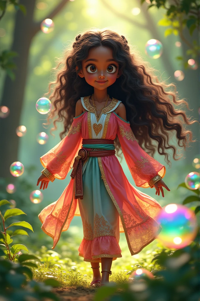 A girl with brown skin and long curly hair, wearing clothes in the style of Genshin Impact whose power is to make bubbles that explode when touched