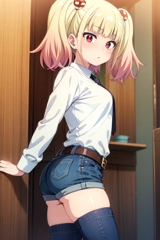 ((masterpiece)),(best quality),official art,extremely detailed CG,unity 8k wallpaper,ultra detailed,beautiful detailed eyes,extremely detailed face,1girl,solo,cowboy shot,looking at viewer,niguredou julia,multicolored hair,gradient hair,pink hair,blonde hair,twintails,food-themed hair ornament,mushroom hair ornament,red eyes,white shirt,long sleeves,jeans shorts,shorts rolled up,belt,from side