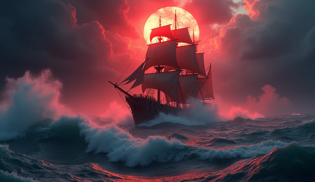 Photorealistic and cinematic image of an old Spanish galleon on a turbulent stormy night in the middle of the ocean. It rains a lot and the sea is very rough with water splashing everywhere and making the ship rock a lot. it is a vast and turbulent ocean, symbolizing your journey through life's challenges. The dramatic sky, with dark clouds and penetrating sun rays, enhances the scary and tense mood of the image.
Use sharp, fully lit, cinematic detail, photographic scenes from 16,000 photographs. Highest resolution, high detail. High realism, depth of field, kodak portra 800, 105 mm f1 neon red color. Ultra realistic. Ultra detail and texture. Hauntingly beautiful. Professional DSLR lighting and shadows. Inspired by Stanley Kubrick, Tarkovsky, Parajanov, Storaro, Roger Deakins, a hauntingly beautiful work of true ethereal beauty. Bright aura. vibrant cinematic photo poster, photo, cinematic, poster, vibrant