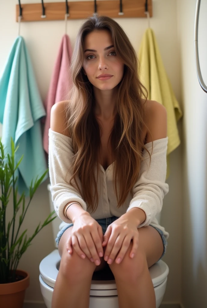wife, , Gross point, Whole body, Who is peeing?, Sitting on the toilet, other, from the front 