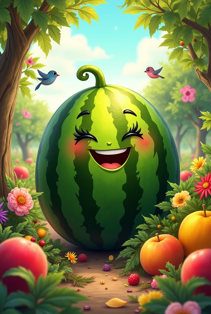 Melina is a happy watermelon surrounded by colorful flowers, various fruits and songbirds in an orchard