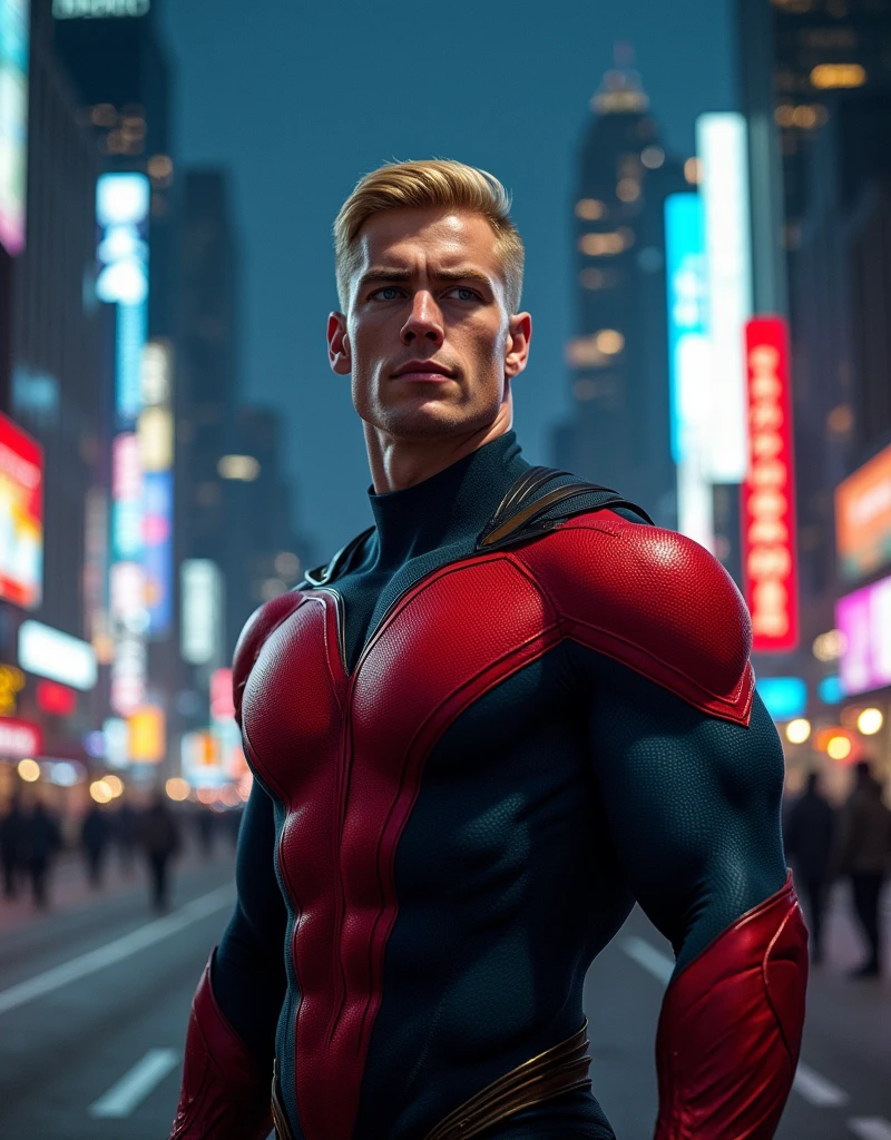 A male superhero with short blond hair and a red and black costume.  No cape or logo.  Realistic, photographic style.