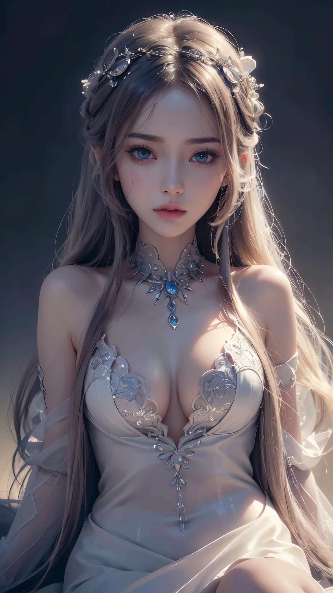 a beautiful anime evil girl, sad expression, detailed portrait, intricate details, delicate facial features, long eyelashes, piercing eyes, soft skin, flowing hair, elegant pose, cinematic lighting, muted color palette, dreamlike, ethereal, (best quality,4k,8k,highres,masterpiece:1.2),ultra-detailed,(realistic,photorealistic,photo-realistic:1.37)