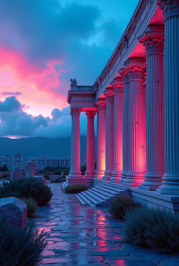 Walls of Greek Architecture and landscape with intense neon colors