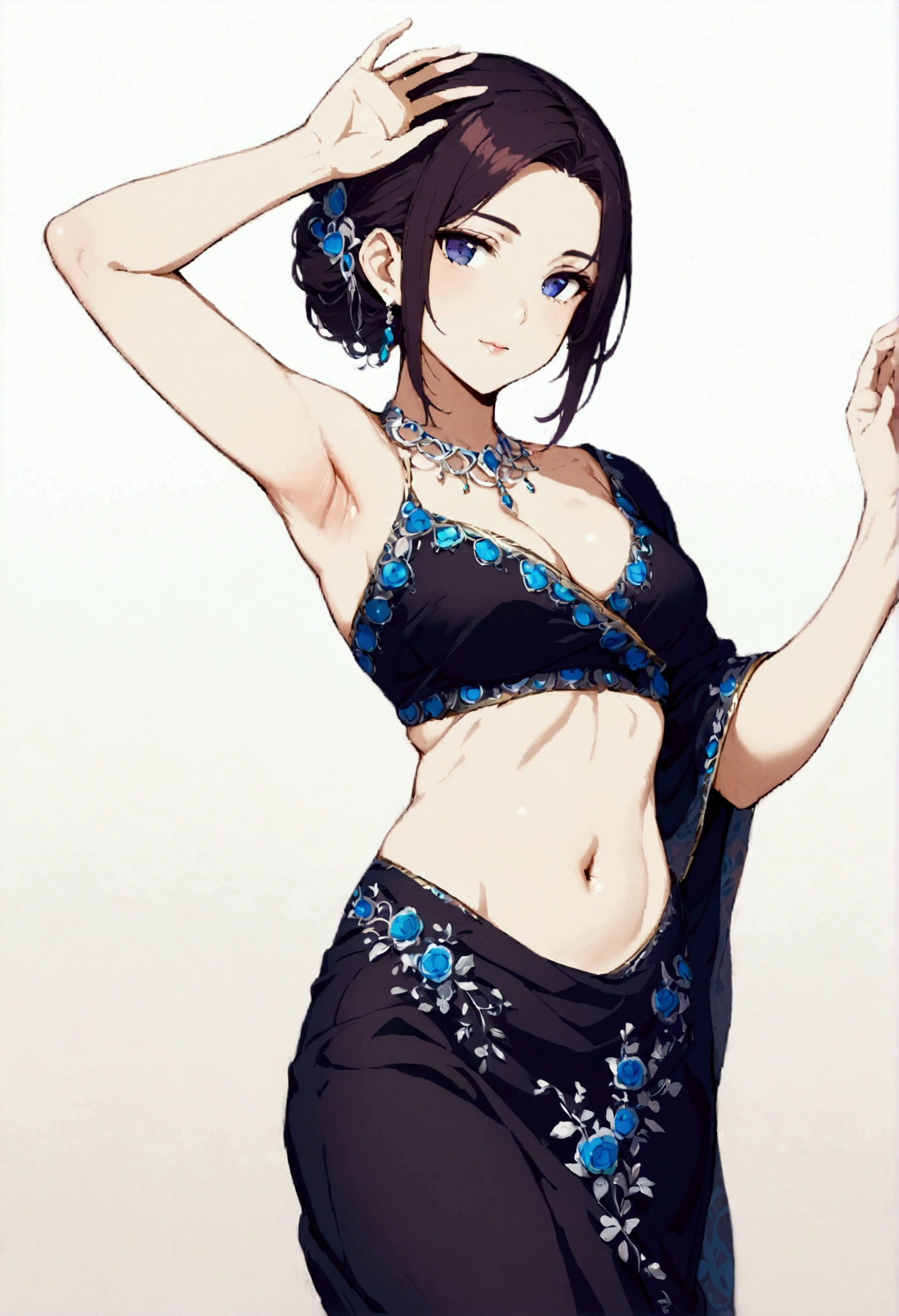 Shinobu wearing saree, no  blouse, one hand raised, armpits 