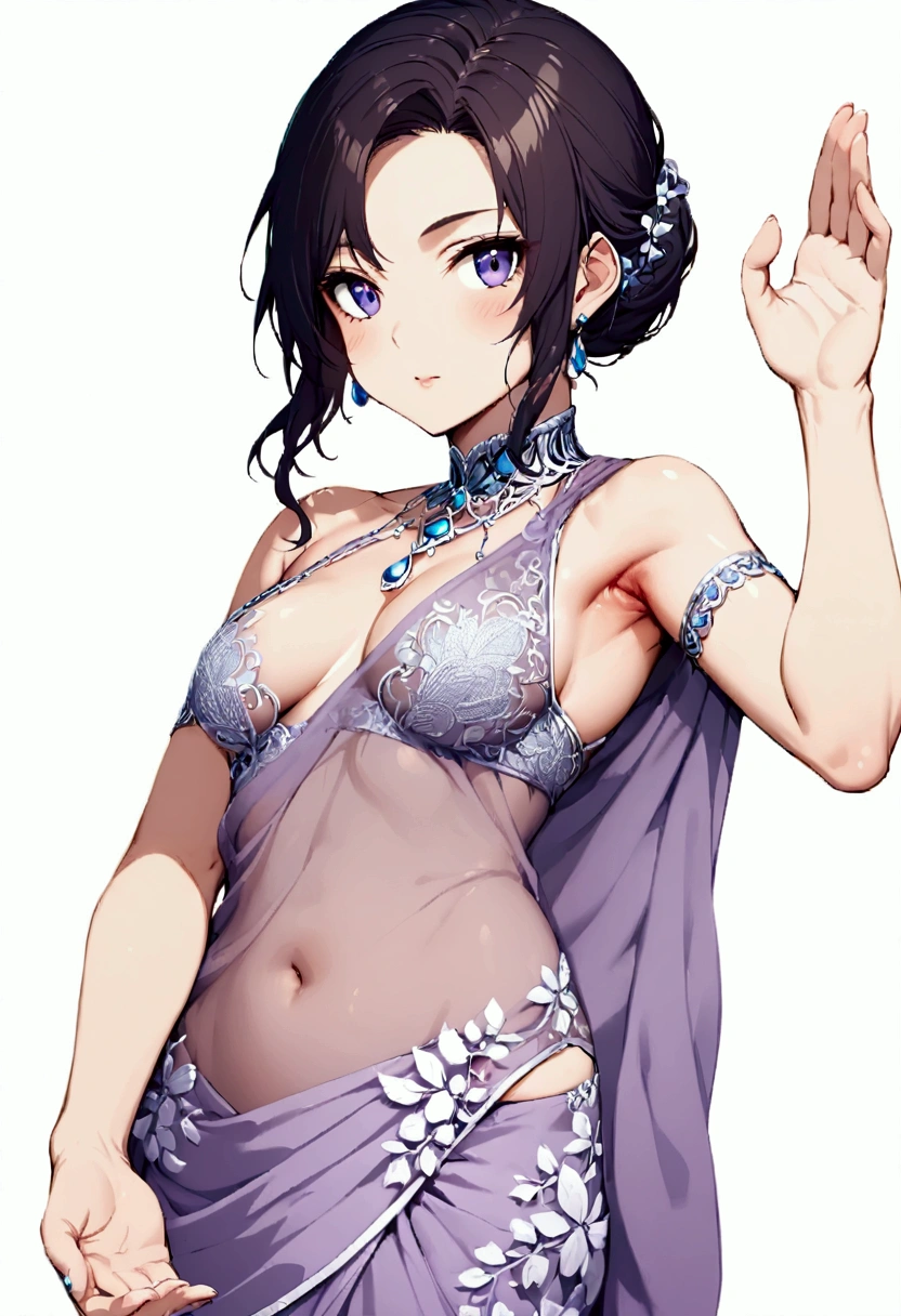 Shinobu wearing saree, no  blouse, one hand raised, armpits 