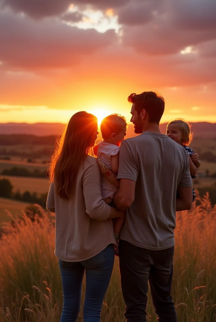 American family standing in front of a rural plot of land with no buildings on it. Everyone is hugging and happy as they watch the sunset