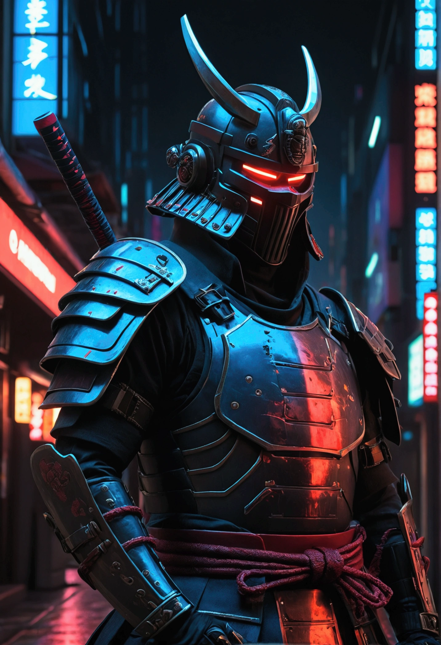 cyberpunk samurai,futuristic cyberpunk city,detailed samurai armor,glowing neon lights,dark moody atmosphere,(best quality,4k,8k,highres,masterpiece:1.2),ultra-detailed,(realistic,photorealistic,photo-realistic:1.37),cinematic lighting,dramatic shadows,intricate cyberpunk technology,advanced biomechanical enhancements,katana sword,samurai helmet,red and blue color palette,dystopian sci-fi setting,moody dramatic lighting