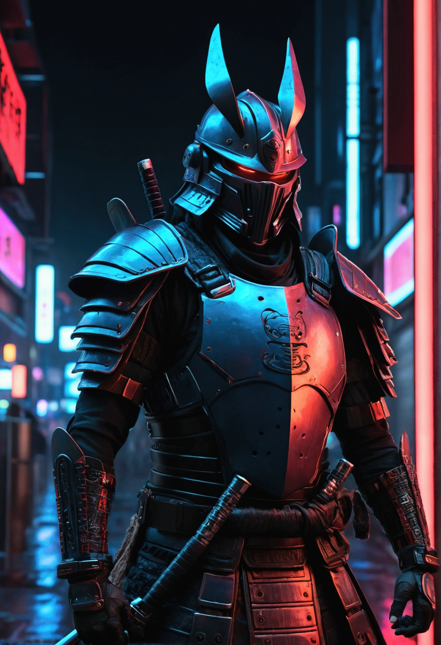 cyberpunk samurai,futuristic cyberpunk city,detailed samurai armor,glowing neon lights,dark moody atmosphere,(best quality,4k,8k,highres,masterpiece:1.2),ultra-detailed,(realistic,photorealistic,photo-realistic:1.37),cinematic lighting,dramatic shadows,intricate cyberpunk technology,advanced biomechanical enhancements,katana sword,samurai helmet,red and blue color palette,dystopian sci-fi setting,moody dramatic lighting