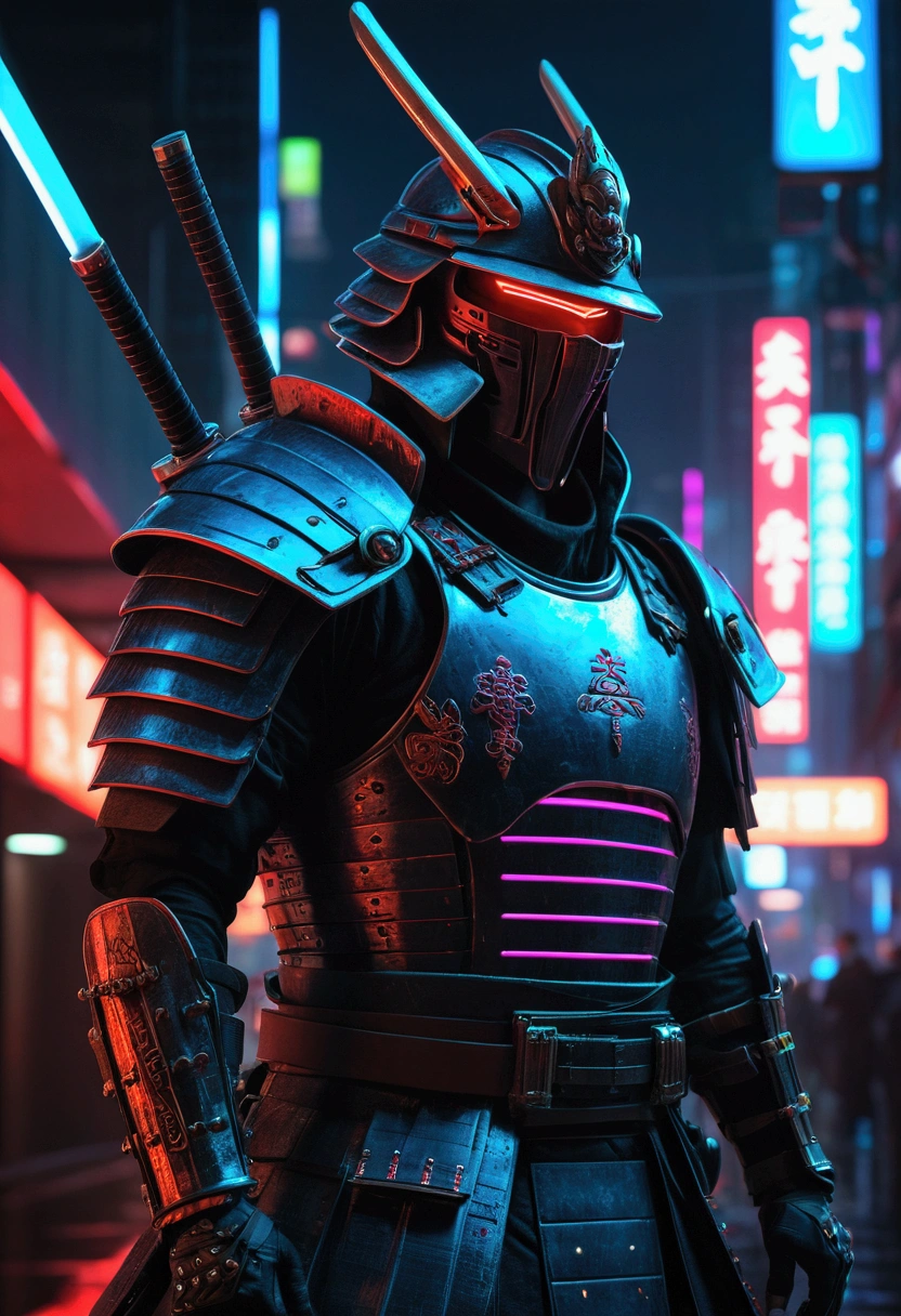 cyberpunk samurai,futuristic cyberpunk city,detailed samurai armor,glowing neon lights,dark moody atmosphere,(best quality,4k,8k,highres,masterpiece:1.2),ultra-detailed,(realistic,photorealistic,photo-realistic:1.37),cinematic lighting,dramatic shadows,intricate cyberpunk technology,advanced biomechanical enhancements,katana sword,samurai helmet,red and blue color palette,dystopian sci-fi setting,moody dramatic lighting