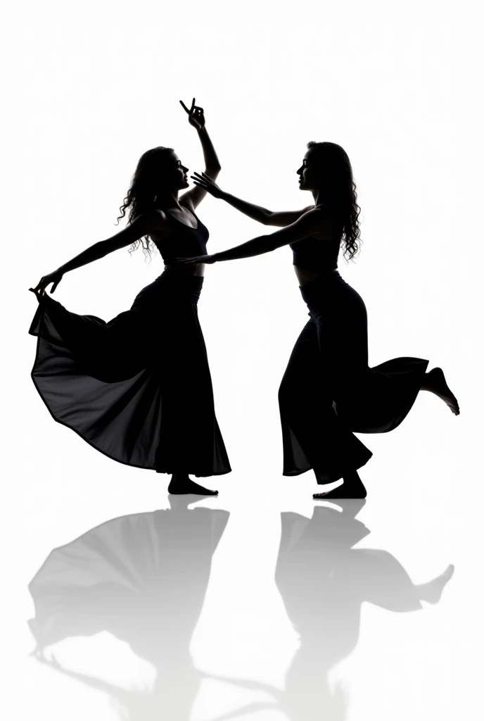 Simple black silhouette drawing of two dancing girls in pants