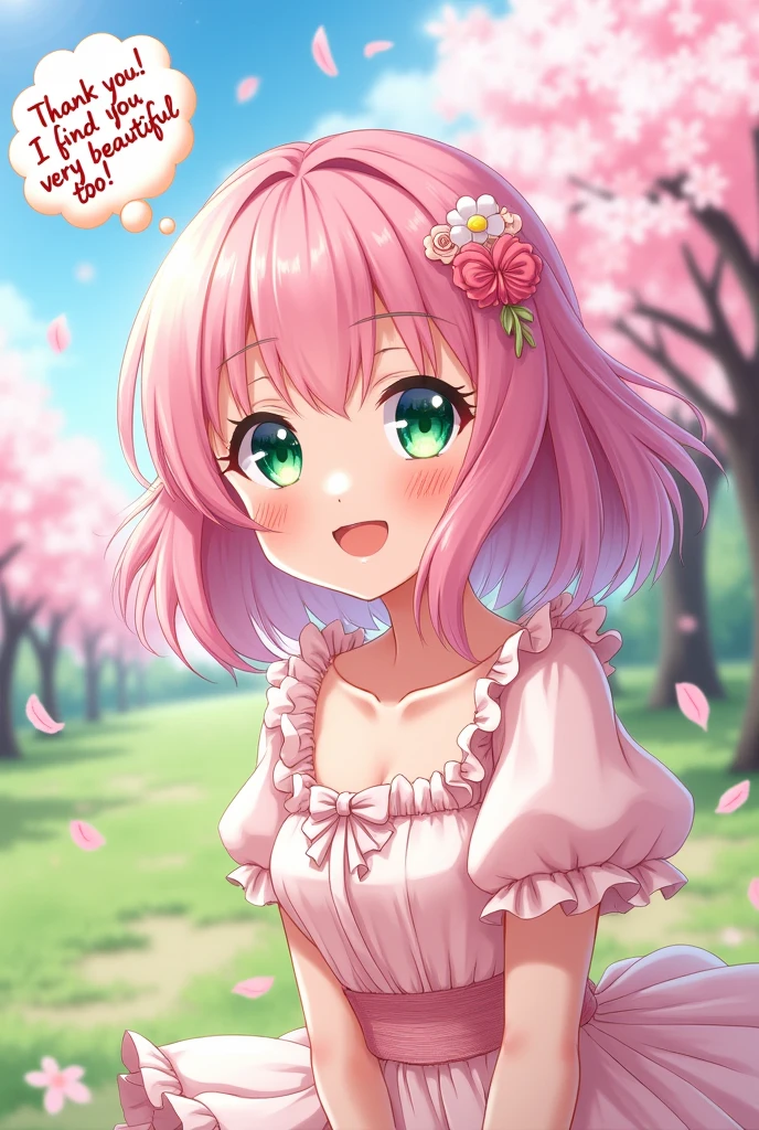 Anime girl, staring at you, With a happy, With a floating bubble saying: thanks you, i find you Very beatiful too! , Nice details,