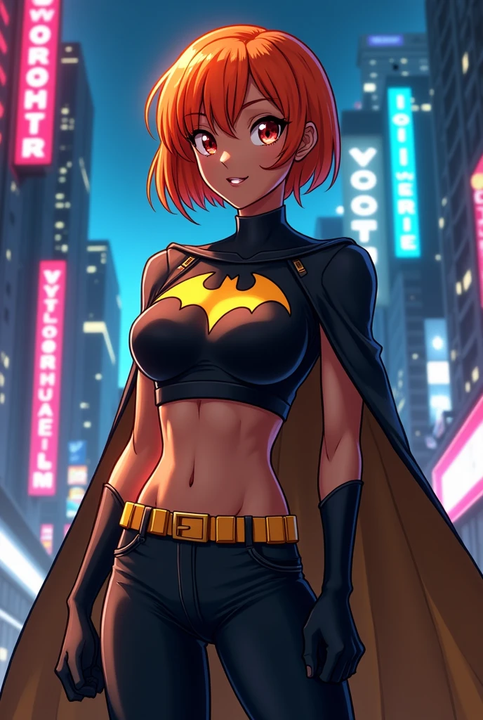 short orange hair, Batman black short top, Black pants, women ,brown skin , anime