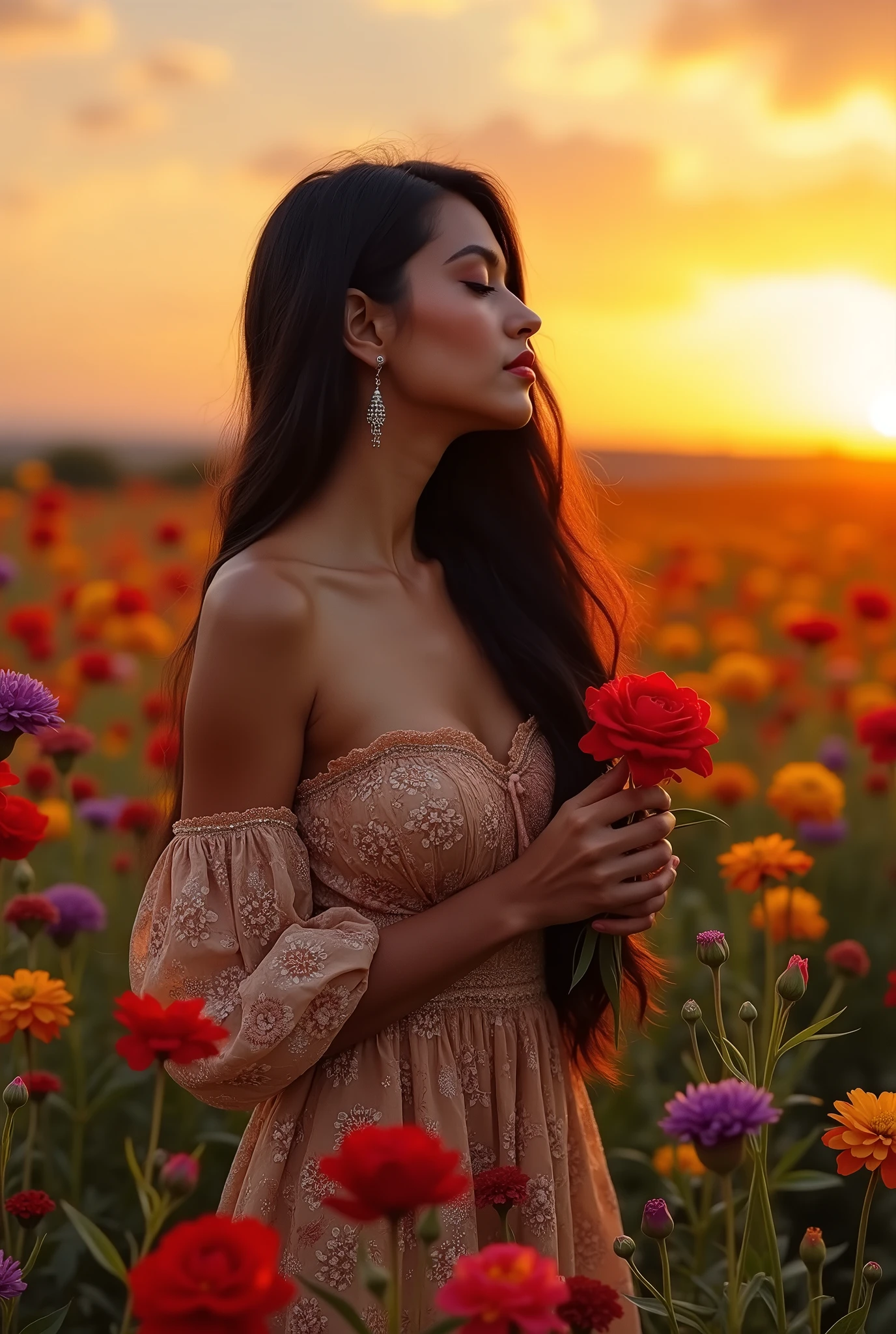 BEAUTIFUL MEXICAN WOMAN, surrounded by very colorful flowers, with a red rose in her hands, long black fur, looking towards the horizon, image that conveys nostalgia