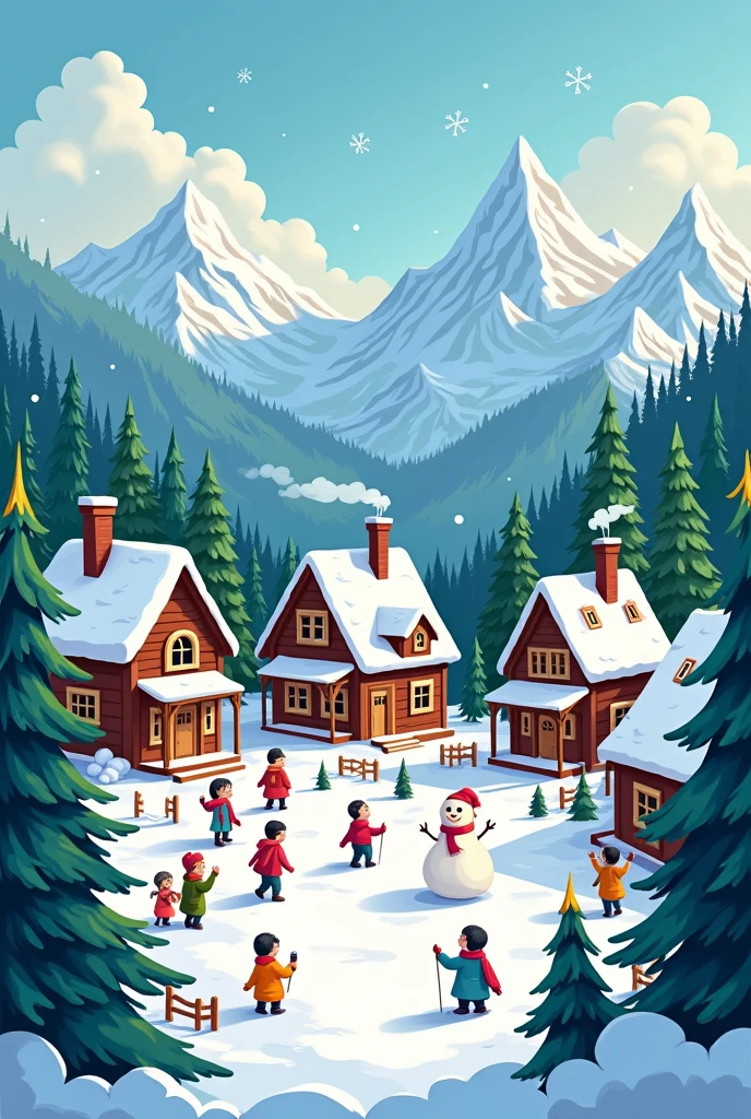 Village among mountains and forests, harsh winter, cartoons 