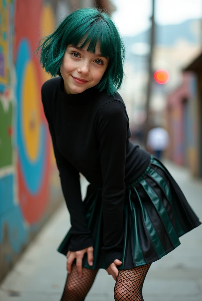 14 year old girl with a black shirt and a black skirt with dark green stripes and black thigh high socks and fishnet leggings and has a thick butt and thicc thighs and she is bending over and her butt is in your face and she has short dark green hair