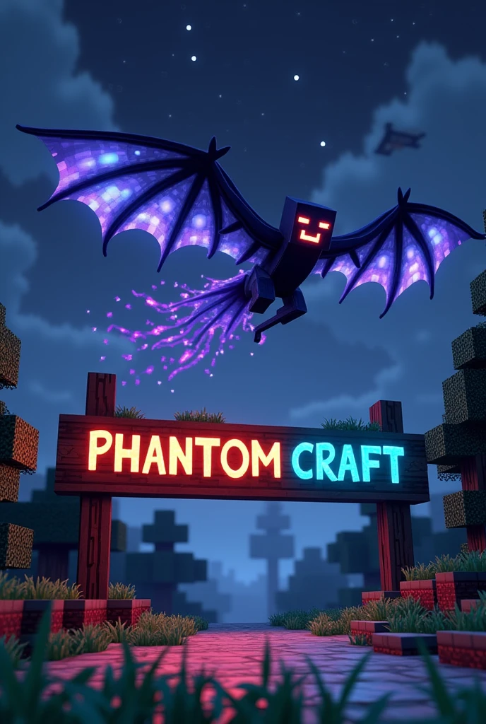 Create a photo of a Minecraft phantom, just like the one in the game, flying over a sign that says "phantomcraft" more like the game