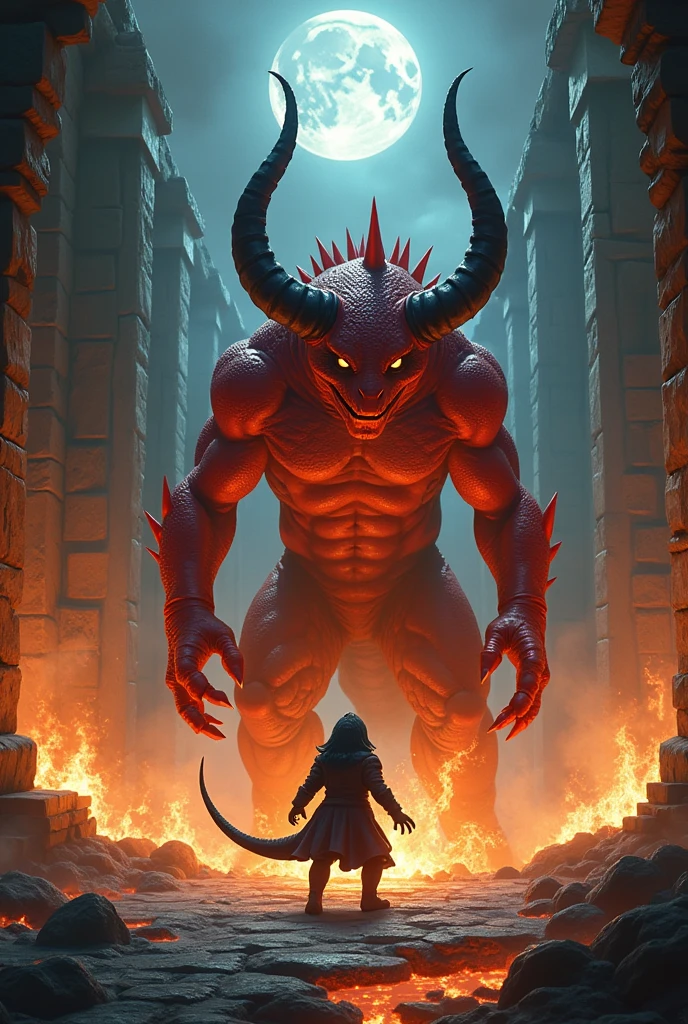Human-lizard hybrid with red scales, black horns and a fire whip in a fantasy fight. Small with lizard-like features.