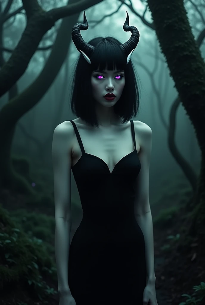 Beautiful demon woman, perfect face, skin as white as snow, black hair in inverted bob, black eyeliner, glowing purple eyes, small white horns.l, large breasts. In a haunted forest, wearing a little black dress.
