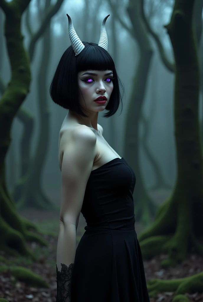 Beautiful demon woman, perfect face, skin as white as snow, black hair in inverted bob, black eyeliner, glowing purple eyes, small white horns.l, large breasts. In a haunted forest, wearing a little black dress.