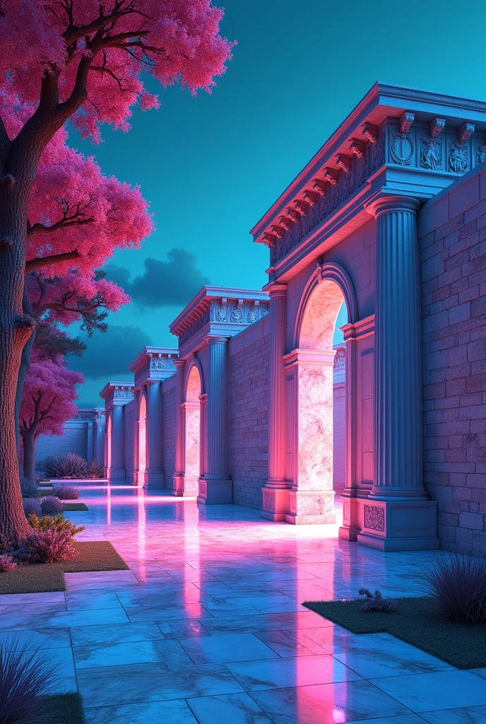 Entrance-type walls of Greek Architecture and landscape with intense neon colors 