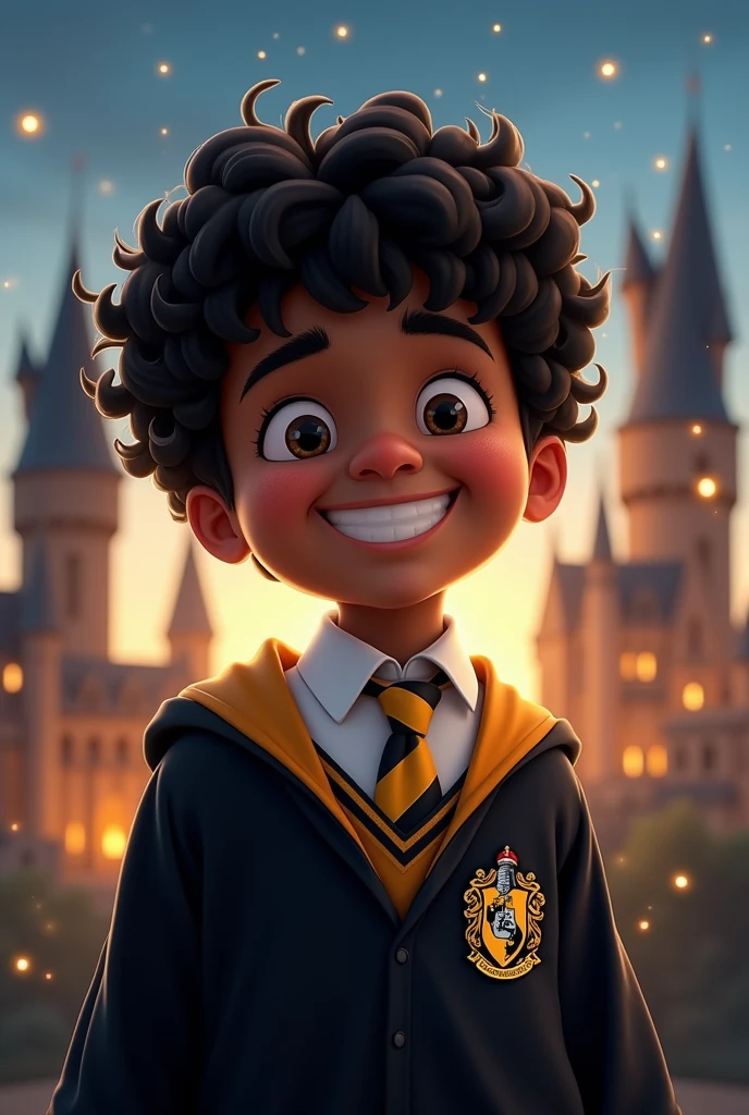 Chubby brown skinned boy with black curly hair smiling and dressed in his Hufflepuff uniform