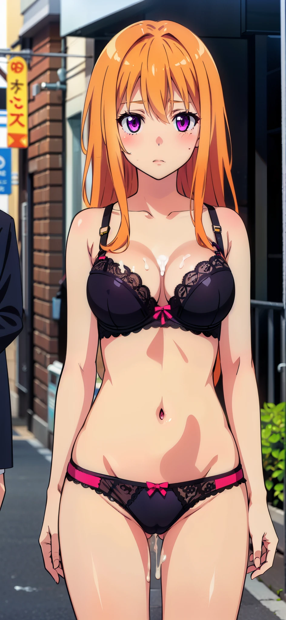 1 girl, 20-year-old, medium breasts, sleeveless, blushed, long hair, orange hair, purple eyes, .((bra, panties)), cum, cum on face, cum on breasts, street, town