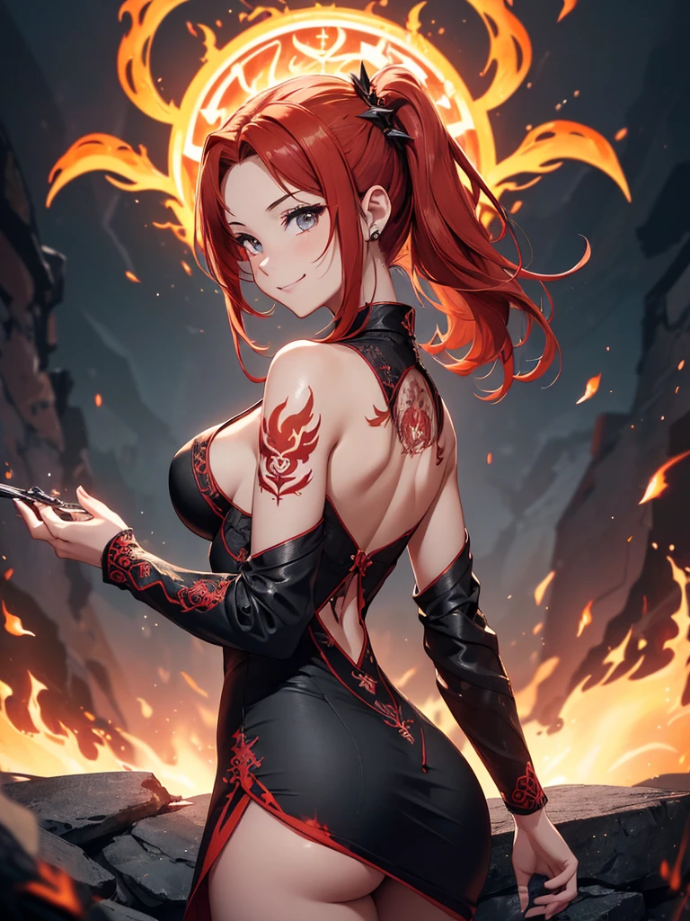(((best quality, sharp image, clear image, cinematic lighting, 8k resolution, masterpiece, ultra detailed, intricate))) Girl, (((looking over left shoulder))), (shot from behind), ((shot from hip up)), fiery red hair, pigtails, ((intricate black dress)), ((flaming sigils, flaming runes)), spiky rock formations, (flaming lotus flowers frame), (intricate background), (chaotic background), ((Phoenix)), (swirling flames), smiling,tatoo on back
