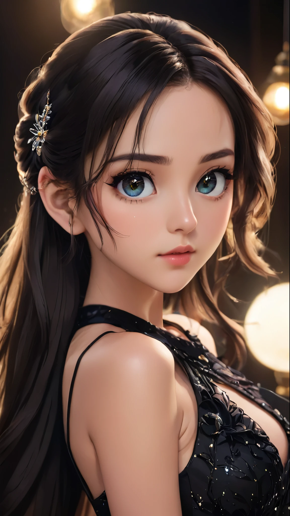a beautiful anime girl, gorgeous detailed face, big sparkling eyes, long eyelashes, small nose, full lips, flawless skin, long flowing hair, wearing a tight fitting sexy black dress, detailed fabric textures, intricate dress design, posing gracefully, glowing skin, dramatic studio lighting, cinematic composition, vibrant colors, highly detailed, photorealistic, 8k, masterpiece